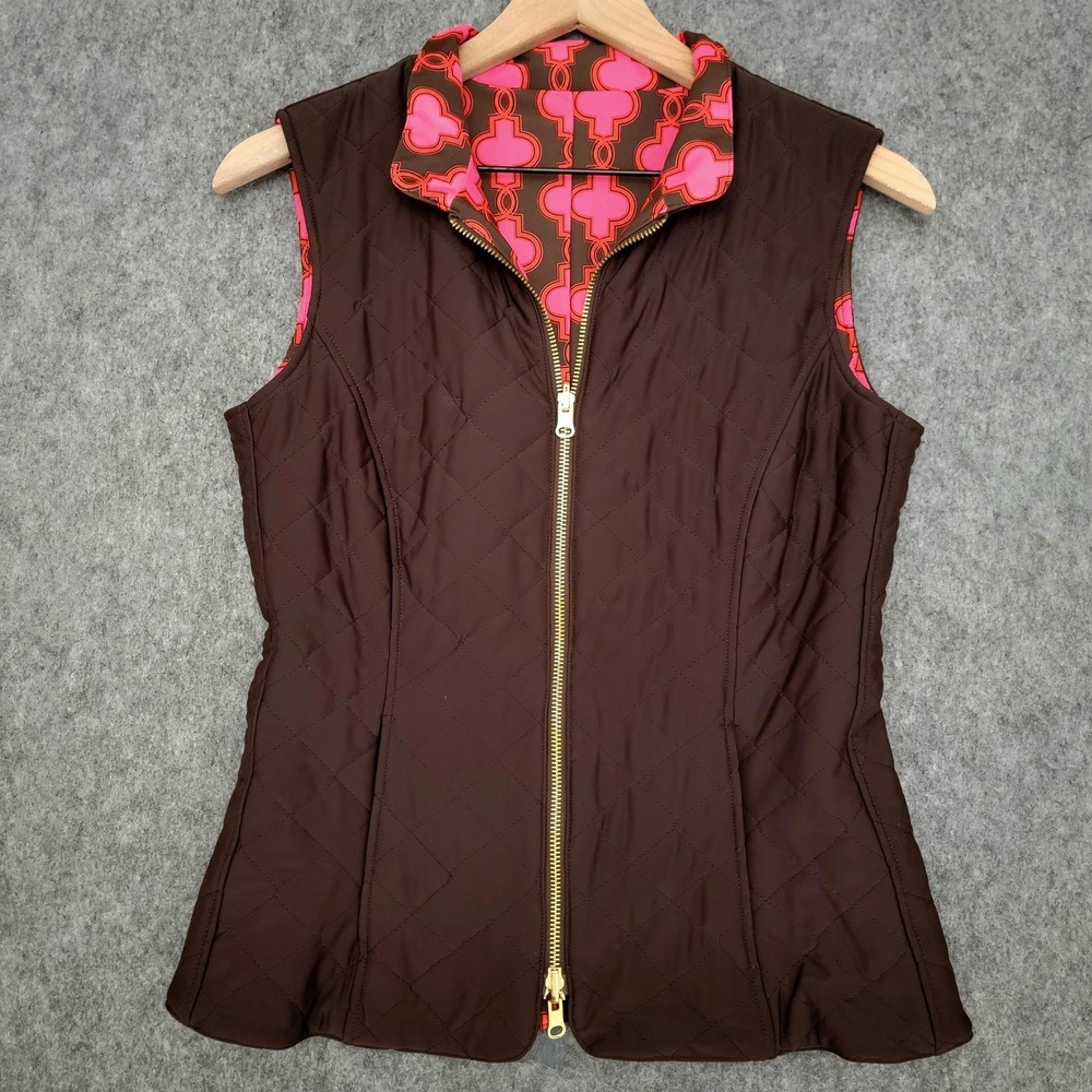 Jude Connally Vest Womens S Brown Pink Quilted Geometric Jackie Reversible USA